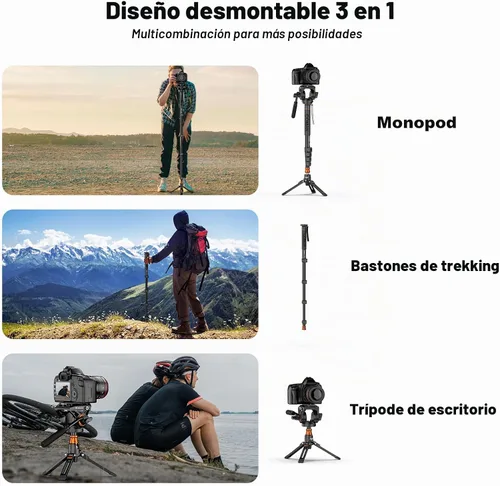 Vista 8 de Monopod de cámara profesional con pies, monopie de video de viaje portátil de aluminio de 73.2 pulgadas con base de trípode extraíble, carga máxima