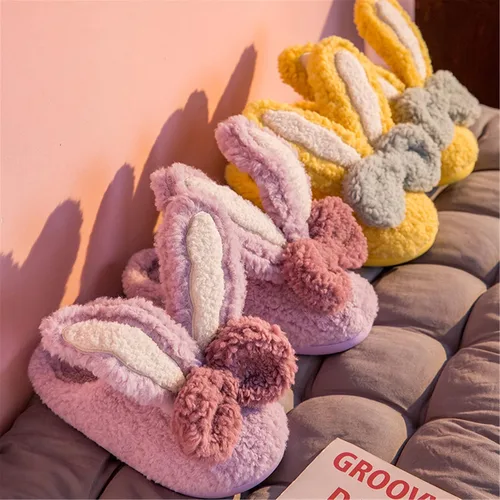 Vista 4 de Pantuflas de algodón de conejo de orejas largas para mujer, pantuflas de invierno para el hogar, pantuflas cálidas de felpa para el hogar, bonitas