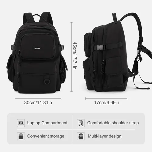 Vista 3 de Mochila escolar para adolescentes, niñas, niños, linda mochila de moda, mochila universitaria ligera, A-Negro, Mochila de viaje College