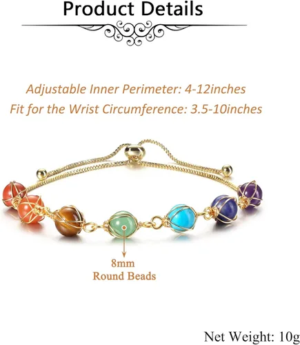 Vista 6 de Jovivi 7 Chakra Stones Bracelets for Women Girls Adjustable 14K Gold Wire Wrapped 8mm Natural Round Gemstone Beads Reiki Healing Crystal Ankle