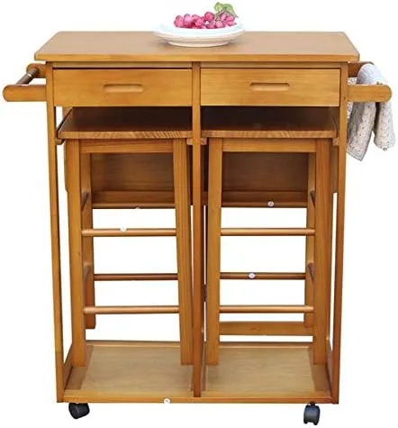 Vista 2 de Juego de mesa de comedor de 3 piezas con ruedas, 2 cajones, 2 sillas cuadradas, hoja plegable, mesa de cocina pequeña (marrón)