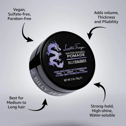 Vista 4 de Billy Jealousy Lunatic Fringe Pomada a base de agua para hombres, fijación fuerte, alto brillo, soluble en agua y producto para cabello vegano