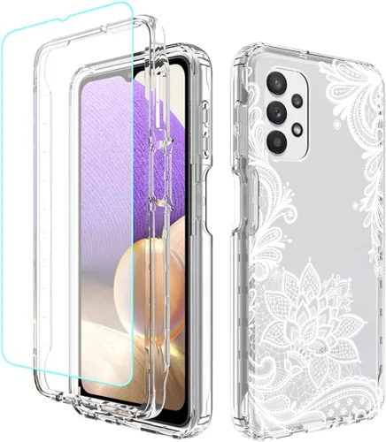 Vista 8 de Funda para teléfono Galaxy A32 5G, Galaxy M32 5G SM-A326 con protector de pantalla de vidrio templado, bonito patrón floral transparente, funda