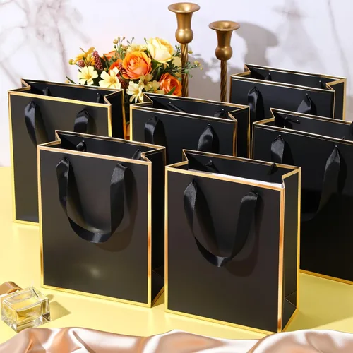 Vista 5 de Yeaqee Paquete de 100 bolsas metálicas de regalo con asa y papel de seda de papel de seda dorado para graduación, boda, padrinos de boda, regalos