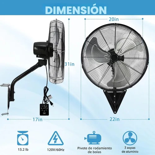 Vista 2 de Ventilador de pared de 20 pulgadas, ventilador de pared resistente de 7100 CFM con 3 velocidades e inclinación ajustable, ventiladores oscilantes