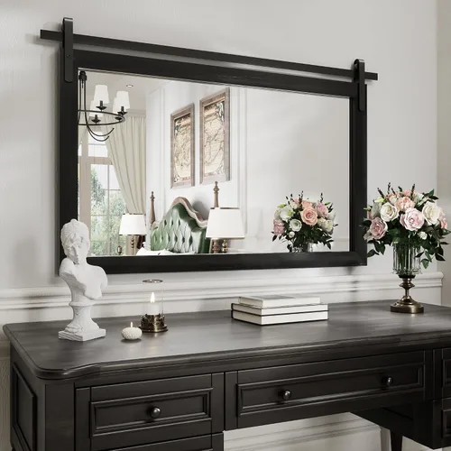 Vista 13 de Espejo Negro de Granja para Pared, Espejos Cuadrados de Baño con Marco de Madera de 18x26 Pulgadas para Tocador, Espejos Estilo Puerta de Granero