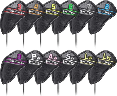 Vista 5 de CRAFTSMAN GOLF 12 piezas o 1 pieza de fundas para cabezas de palos de golf de cuero negro, con número de colores bordado para Callaway, Ping