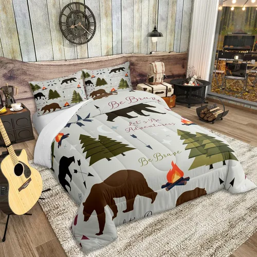Vista 2 de Juego de ropa de cama Happy Camping de Homewish, tamaño individual, con diseño de osos cazadores y pinos, para niños, hombres, adultos, decoración