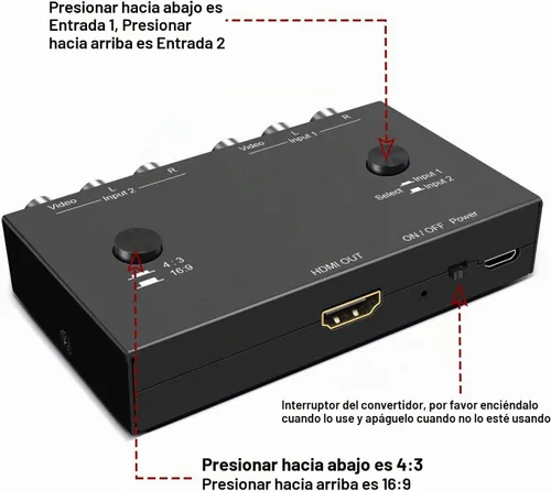 Vista 5 de Dingsun Convertidor AV a HDMI de 2 puertos, adaptador RCA a HDMI compatible 16: 9/4:3 compatible con WII, N64, PS2, VHS, reproductores de DVD VCR