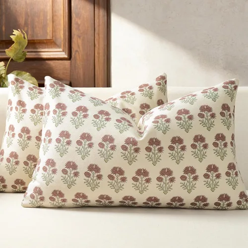 Vista 27 de Juego de 2 fundas de almohada florales de 20 x 20 pulgadas, fundas de almohada con diseño botánico campestre para sofá, cama, sala de estar, fundas