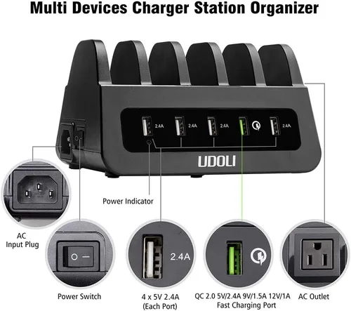 Vista 4 de Estación de carga con 5 puertos USB, organizador para múltiples dispositivos, soporte de escritorio de carga rápida para teléfono Apple Android