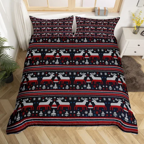 Vista 14 de Funda de edredón de Navidad, tamaño individual, funda de edredón con estampado de copos de nieve de Papá Noel, Año Nuevo, Navidad, decoración
