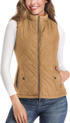 Vista 12 de LONGKING Chaleco de mujer, cuello alto, ligero, con cremallera, acolchado para mujer Rosa albaricoque