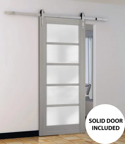 Vista 2 de SARTODOORS Puerta de granero resistente de 30 x 80 pulgadas de vidrio esmerilado Quadro 4002 gris ceniza Juego pesado de perchas de riel
