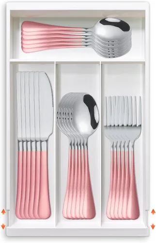 Vista 11 de Juego de cubiertos de 24 piezas con organizador, juego de cubiertos de acero inoxidable resistente para 6, juego de cubiertos rosa con mango