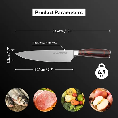 Vista 3 de Cuchillo de chef profesional de 8 pulgadas, cuchillo de cocina de acero de alto carbono, ultra afilado, con mango de madera sólida, caja de regalo