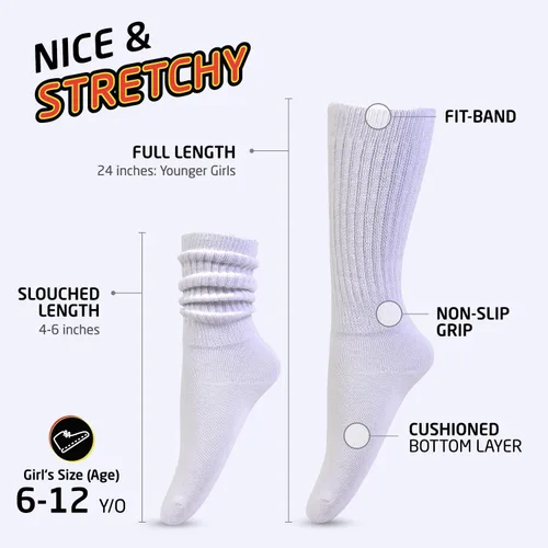 Vista 2 de HOT FEET Calcetines holgados para niñas, paquete de 6 calcetines altos apilados, calcetines largos de mezcla de algodón cálido para niños