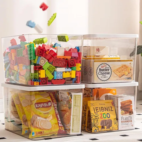 Vista 5 de Contenedores de almacenamiento de plástico transparente con tapas, contenedores de almacenamiento para aperitivos, cosméticos, libros, comida