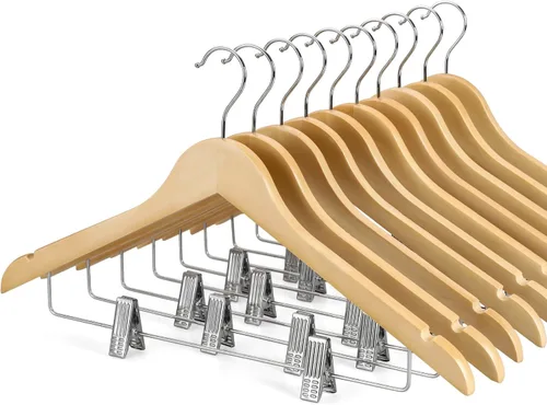 Vista 13 de TOPIA HANGER Perchas de madera para trajes con clips de metal ajustables (paquete de 10), perchas de ropa de madera maciza, gancho giratorio