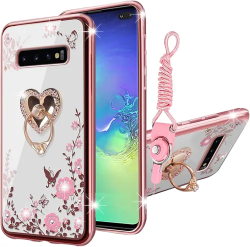Vista 11 de Funda para S10 Plus, Galaxy S10 Plus para mujer, con purpurina, cristal suave, transparente, TPU de lujo, bonita funda protectora con correa de pie