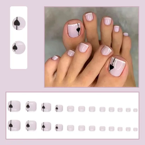 Vista 2 de Uñas postizas a presión francesas blancas, uñas postizas cuadradas cortas, puntas de uñas rosadas, punta de flecha negra, piercing de corazón, uñas
