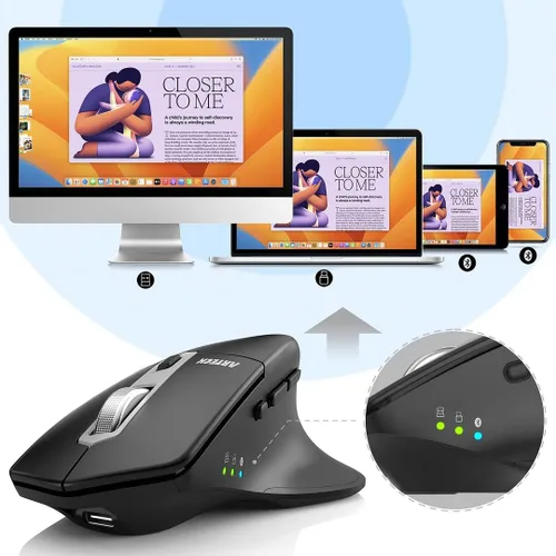 Vista 7 de Arteck Ratón Bluetooth inalámbrico multidispositivo con Nano USB-A, receptor USB-C ergonómico mano derecha, clic silencioso, mouse recargable