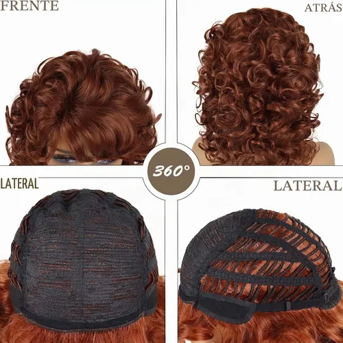Vista 4 de GNIMEGIL Pelucas cortas y rizadas para mujer, peluca suave y rizada castaño rojizo con flequillo, resistente al calor, pelo sintético grande Caoba