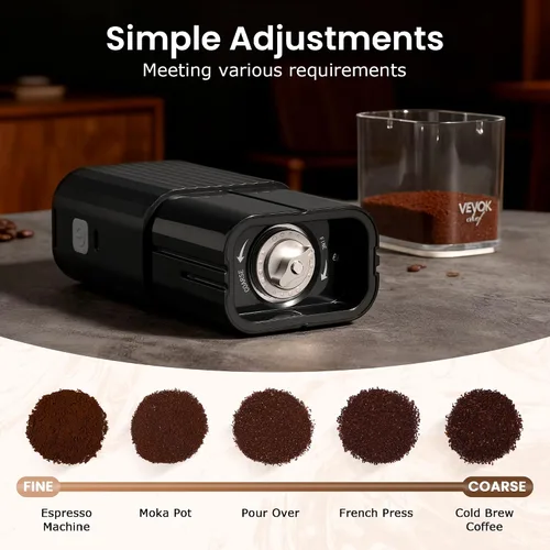 Vista 2 de VEVOK CHEF Molinillo de café eléctrico portátil, molinillo de grano de café cónica ajustable, molinillo de un botón con recargable por USB, parada
