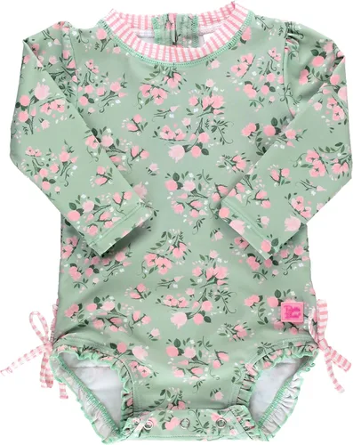 Vista 51 de RuffleButts - Traje de baño de una pieza con protección solar UPF 50+, camiseta de protección floral estampado, manga larga, con cierre zipper