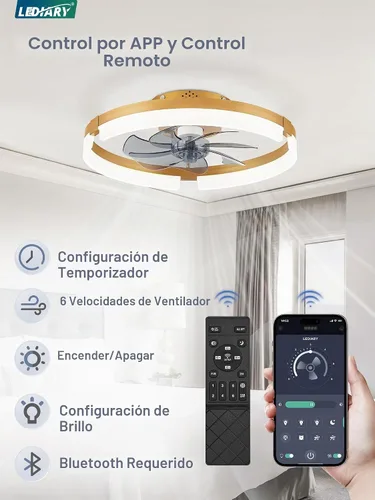 Vista 5 de LEDIARY Ventiladores de techo de bajo perfil de 19.7 pulgadas con luces y control remoto, 6 velocidades, 3 CCT, reversible, regulable, ventilador