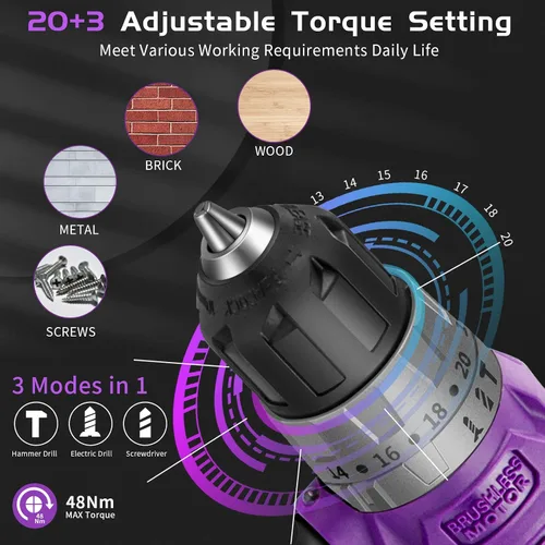 Vista 3 de Juego de taladro inalámbrico sin escobillas morado, kit de controlador de potencia compacto de 20 V con motor eléctrico, ajuste de par de 20+3, 48