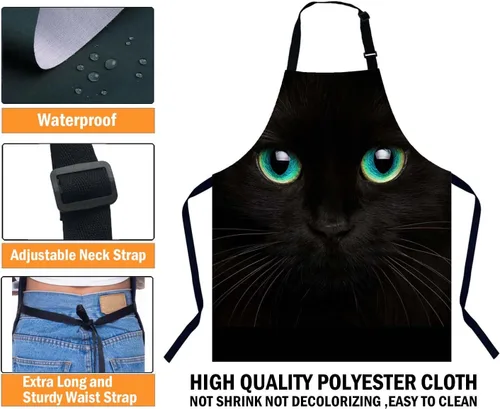 Vista 3 de Delantal para Mujeres Hombres 002, Gato negro con ojos verdes