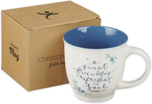 Vista 6 de Taza de cerámica de arte cristiano azul floral – 14 oz. Taza de café y té inspiradora con escrituras bíblicas apta para microondas y lavavajillas
