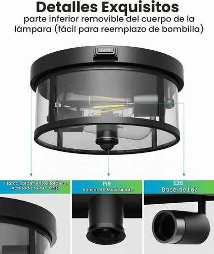 Vista 9 de Lámpara de techo empotrada para exteriores, luz de porche con sensor de movimiento de 12.5 pulgadas, enchufe E26 de 2 luces, hierro duradero