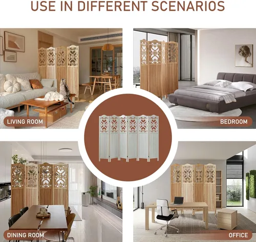 Vista 8 de Divisor de habitación de 4 paneles totalmente montado, separadores de habitación tallados y pantallas plegables, divisor de madera de 5.6 pies
