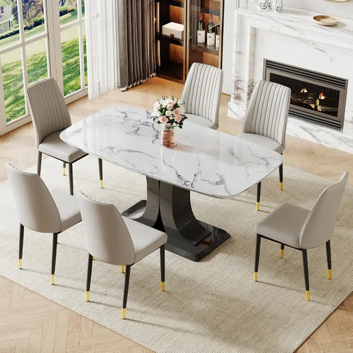 Vista 19 de Juego de mesa de comedor moderno para 6, juego de mesa de cocina y sillas de mármol para 6, mesa de cocina rectangular con 6 sillas tapizadas