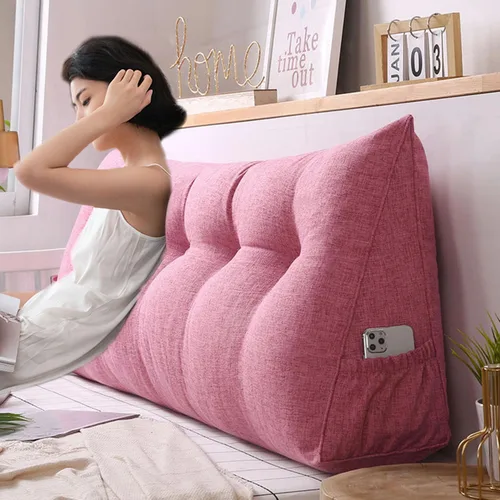 Vista 4 de Almohada triangular grande para cabecero de lectura, almohada de lino y algodón para sofá cama, cojín de apoyo de posicionamiento con funda Rosa