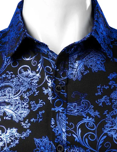 Vista 3 de ZEROYAA Camisa de vestir de cachemira de lujo para hombre, con estampado floral brillante, camisas con botones para fiesta de graduación