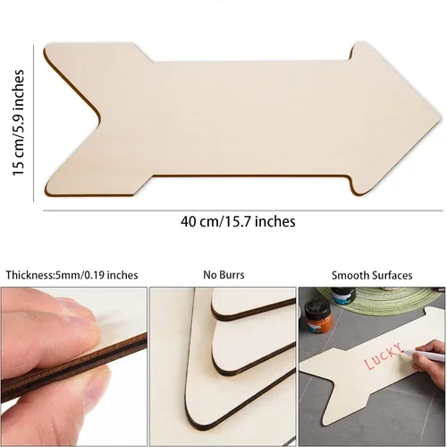 Vista 2 de 4 piezas de madera con forma de flecha sin terminar, flecha en blanco, placa de madera para colgar, rebanada de flecha de madera grande