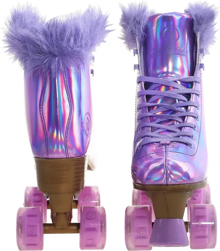 Vista 8 de JajaHoho - Patines de ruedas para mujer, holográficos de caña alta clásicos, patines brillantes de cuatro ruedas de doble fila en púrpura
