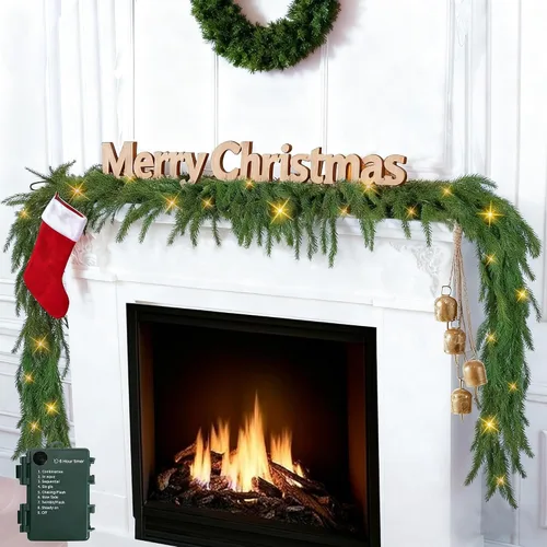 Vista 7 de TW SHINE Guirnalda de Navidad preiluminada de 9 pies con luces, 50 guirnaldas de pino Norfolk artificiales iluminadas LED, decoraciones de Navidad