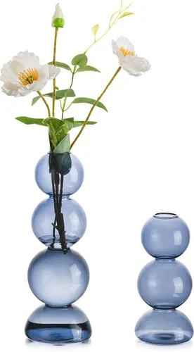 Vista 8 de Jarrones de Burbujas de Vidrio para Flores, Hewory 2 piezas Jarrones Únicos Azules Lindos para Flores Individuales para Centros de Mesa, Jarrón