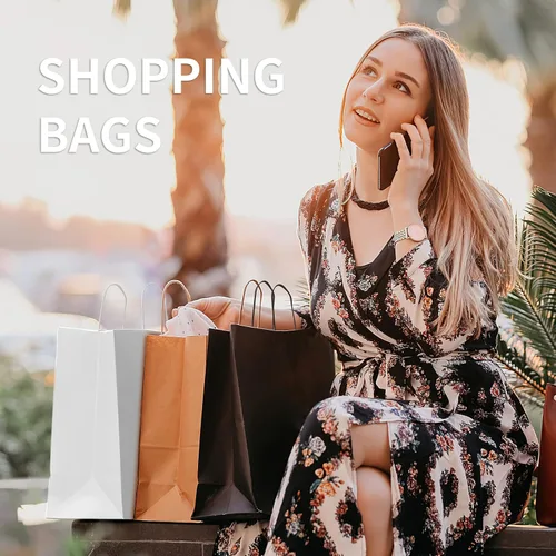 Vista 4 de COGLARING Bolsas de regalo negras con asas, paquete de 100 unidades de 13 x 7 x 14 pulgadas para compras, venta al por menor, embalaje de mercancía