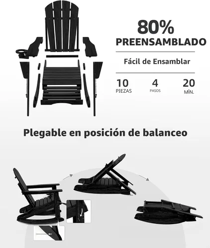 Vista 6 de Mecedora plegable Adirondack, silla de patio multifuncional 4 en 1 con otomana retráctil, silla de exterior con textura de madera, silla de césped