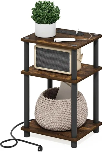 Vista 22 de Furinno Claude Mesa Auxiliar, Mesa Lateral de Mediados de Siglo con Estación de Carga, Mesita de Noche con Patas de Madera, Mesa de Cabecera
