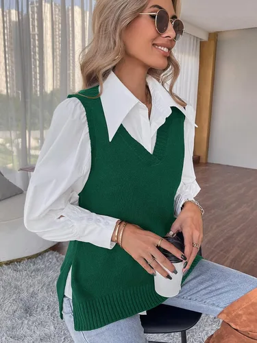 Vista 4 de Romwe Suéter de punto con cuello en V para mujer, color liso, con abertura lateral, sin mangas, holgada, blusa sin mangas