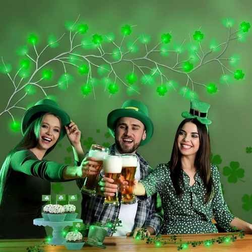 Vista 6 de [Temporizador y 8 modos] Guirnalda de 6 pies con 48 luces LED del día de San Patricio, decoraciones del día de San Patricio, guirnalda de San