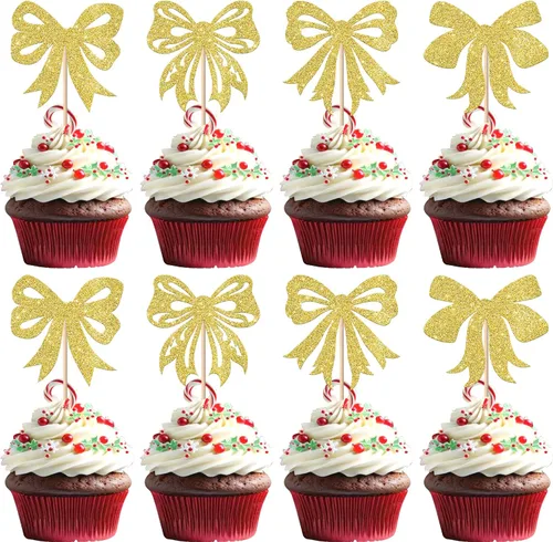 Vista 25 de Paquete de 24 Adornos Navideños Oh Baby para Cupcakes con Sombrero de Navidad con Purpurina, Palillos de Comida para Baby Shower para Niños y Niñas