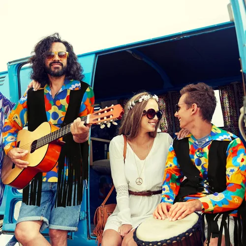 Vista 7 de Juego de 14 piezas de disfraz hippie de los años 60 y 70 para hombre, chaleco hippie, camisa de teñido anudado, peluca afro, collar de signo