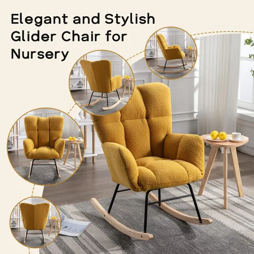 Vista 5 de Silla mecedora moderna para cuarto de bebé, silla deslizadora tapizada con respaldo alto, sillón de acento mecedor con patas de madera maciza